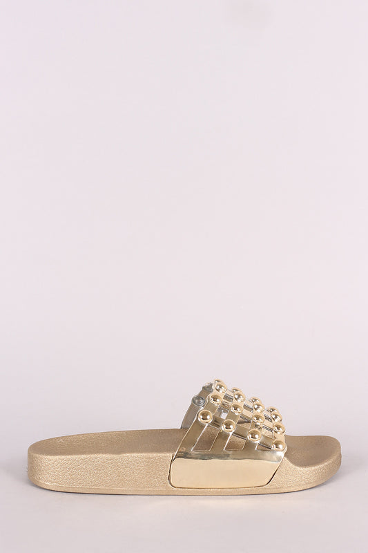 Bamboo Metallic Open Toe Beaded Caged Slide Sandal