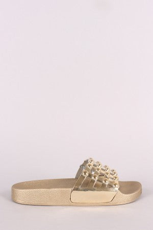 Bamboo Metallic Open Toe Beaded Caged Slide Sandal