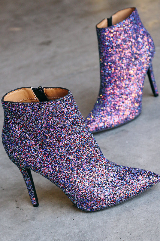 Qupid Glitter-Encrusted Pointy Toe Stiletto Booties