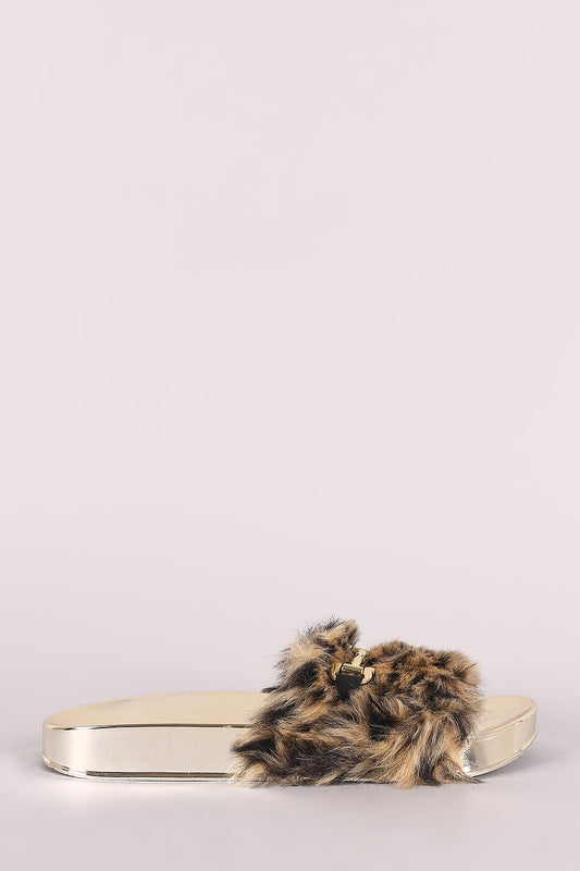 Qupid Horsebit Leopard Faux Fur Jelly Slide Sandal