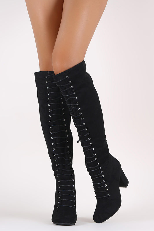 Qupid Suede Corset Chunky Heeled Boots