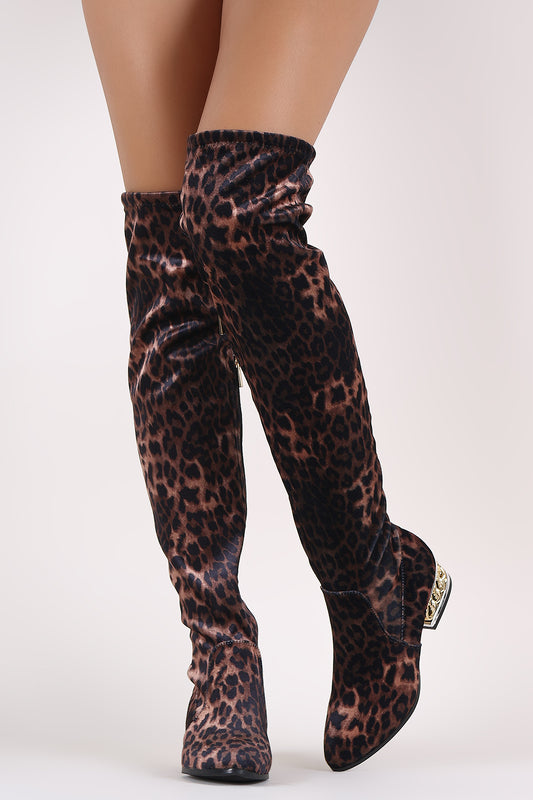Bamboo Leopard Velvet Chained Embellished Heeled OTK Boots