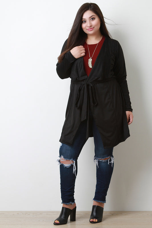 Vegan Suede Self-Tie Long Sleeve Cardigan