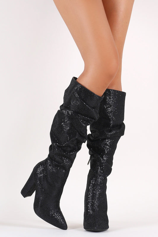 Glitter Pointy Toe Chunky Heeled Ruched Knee High Boots