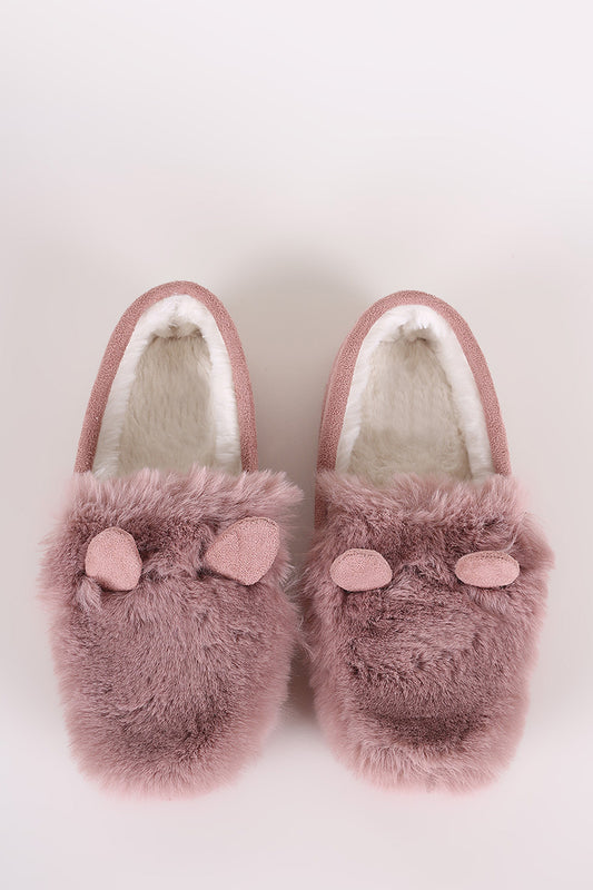 Suede Faux Fur Animal Ear Slip-On Moccasin Flat
