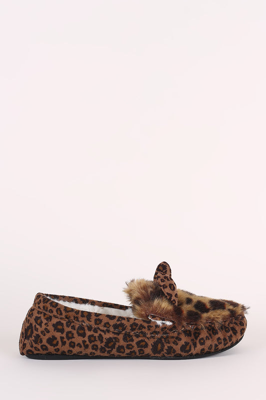 Leopard Faux Fur Animal Ear Slip-On Moccasin Flat