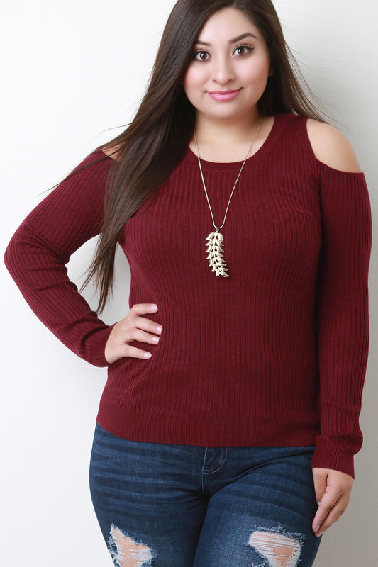 Ribbed Knit Long Sleeves Cold Shoulder Sweater Top