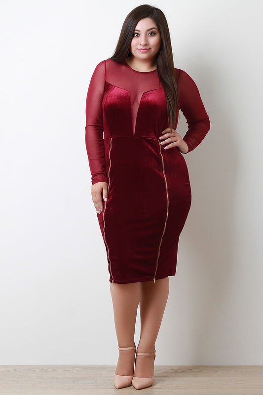 Velvet Mesh Contrast Zippered Midi Dress