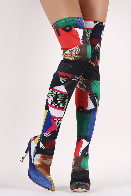 Stretched Graphic Print Pointy Toe Stiletto Over-The-Knee Boots