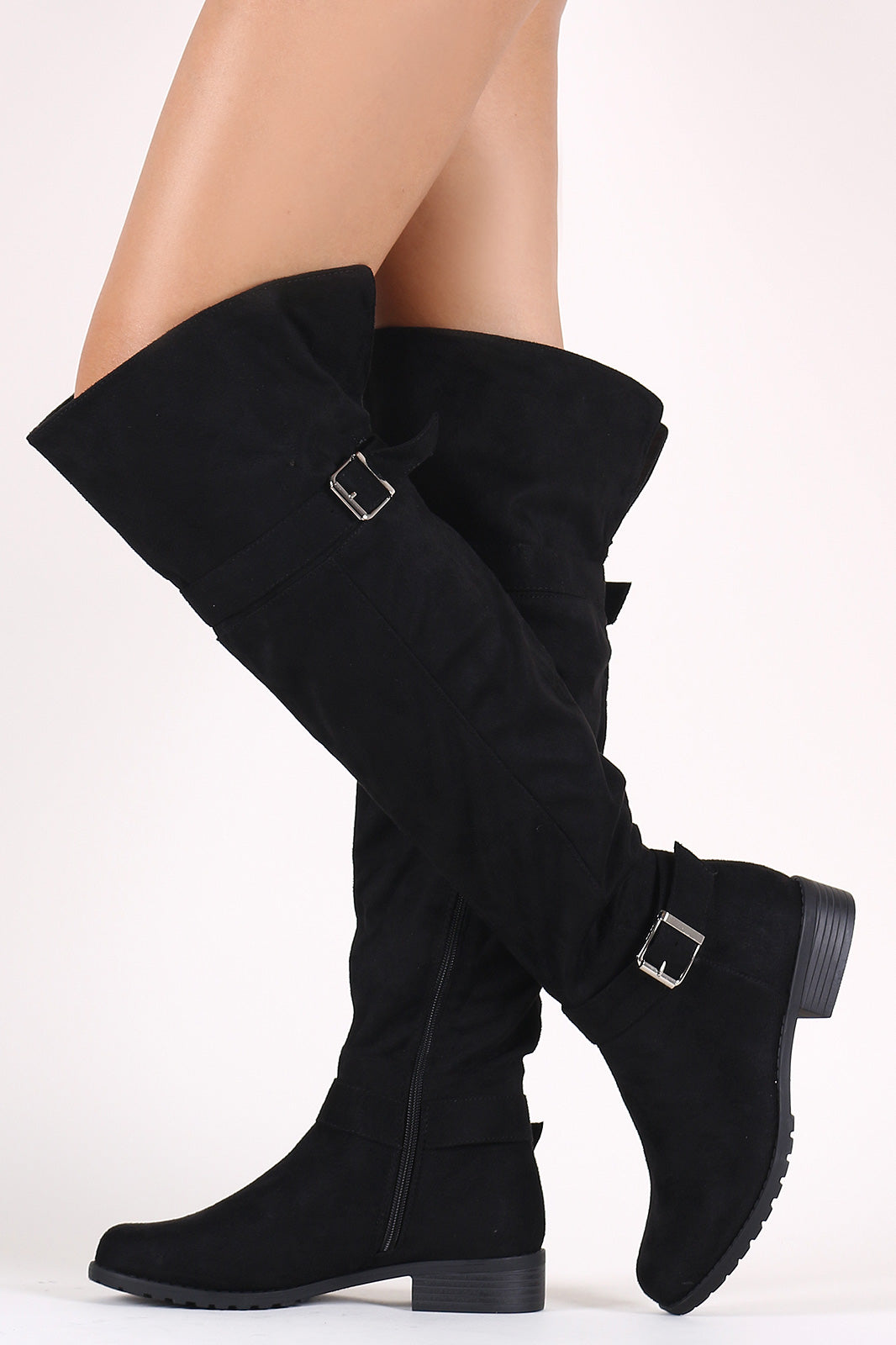 Suede Buckled Over-The-Knee Riding Boots