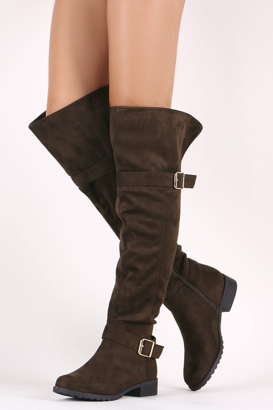 Suede Buckled Over-The-Knee Riding Boots