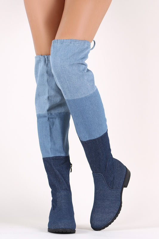 Colorblock Denim Drawstring-Tie Over-The-Knee Riding Boots