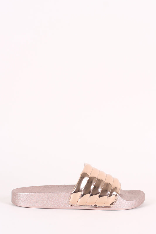 Bamboo Metallic Quilted Open Toe Slide Sandal