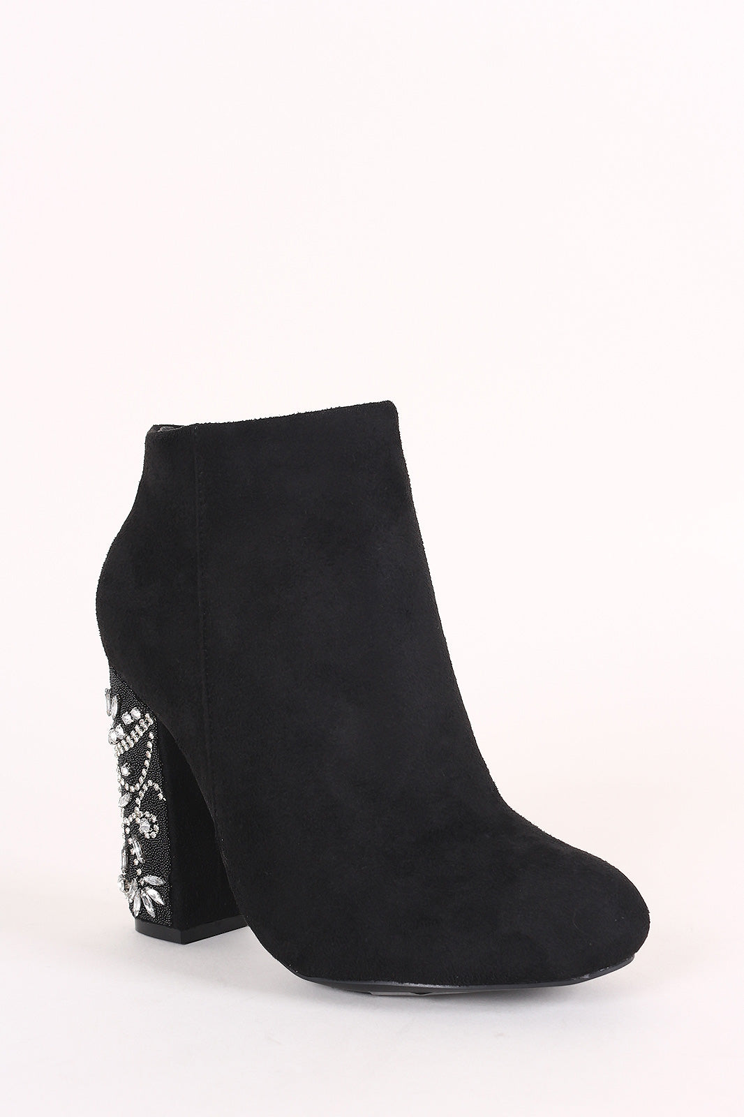 Bamboo Suede Rhinestone Chunky Heeled Ankle Boots