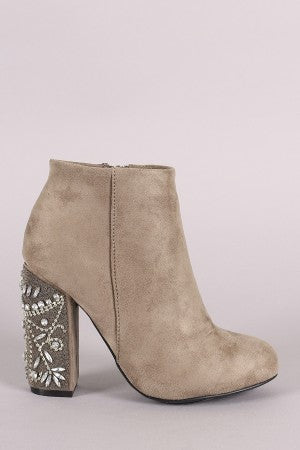 Bamboo Suede Rhinestone Chunky Heeled Ankle Boots