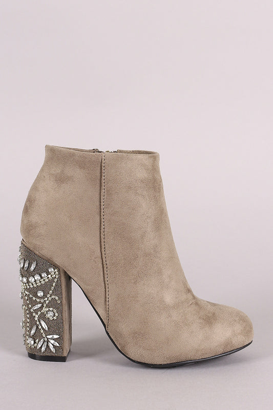 Bamboo Suede Rhinestone Chunky Heeled Ankle Boots
