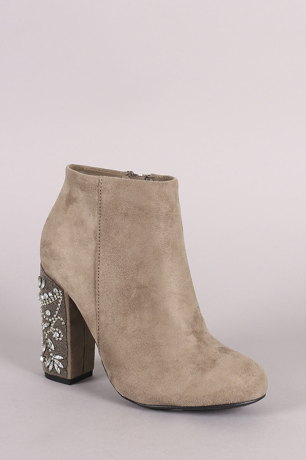 Bamboo Suede Rhinestone Chunky Heeled Ankle Boots