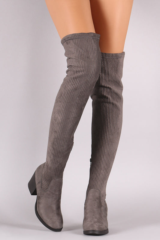 Bamboo Suede Stitchwork Chunky Heeled Riding OTK Boots