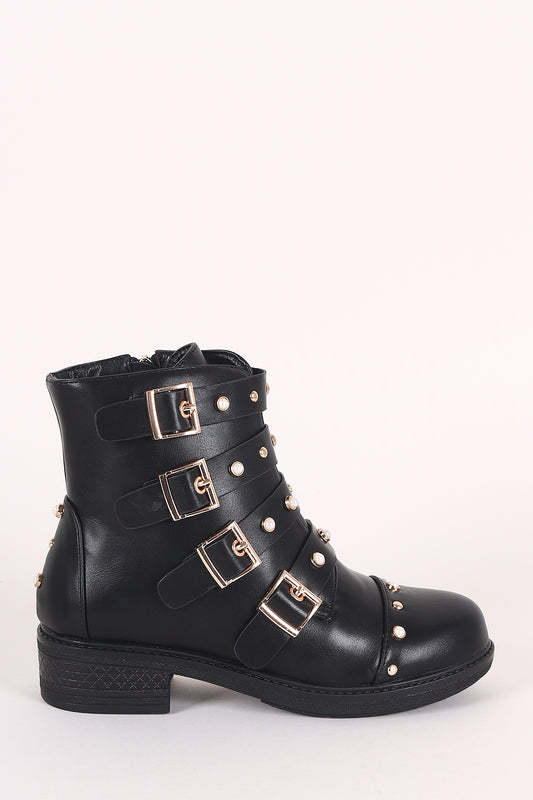 Faux Pearl Buckled Strap Moto Ankle Boots