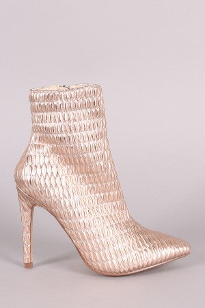 Metallic Stitchwork Pointy Toe Stiletto Booties