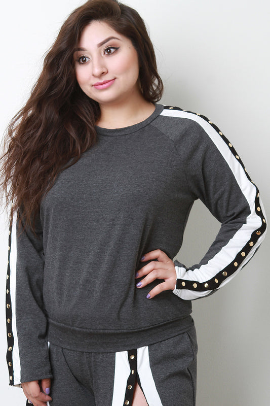 Stripe Snap Buttons Long Sleeves Sweatshirt