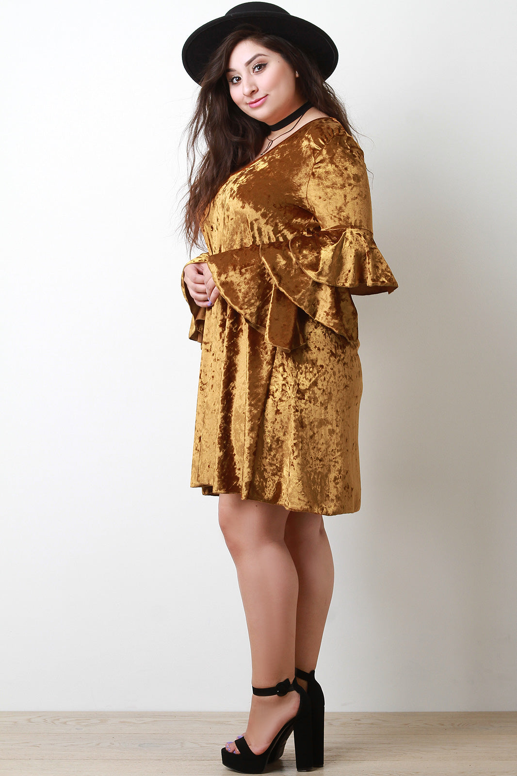 Trumpet Statement Sleeves Crush Velvet Dress