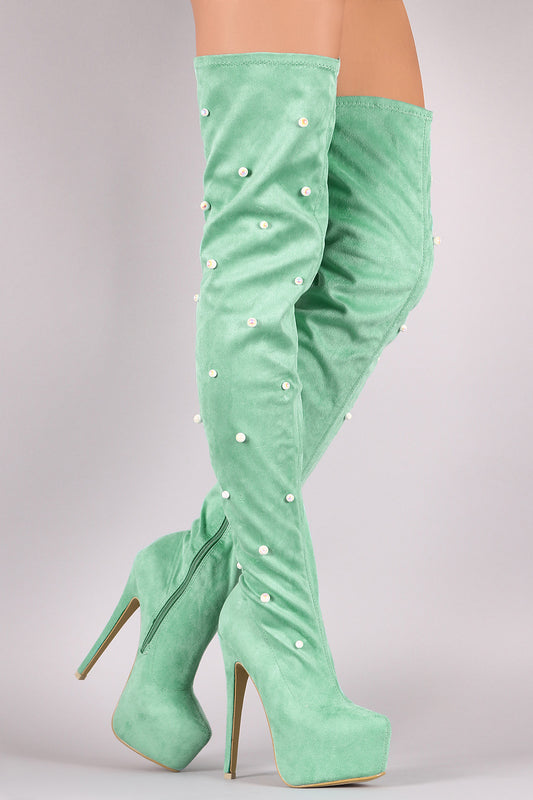 Suede Pearl Embellished Pointy Toe Stiletto Platform Thigh High Boots