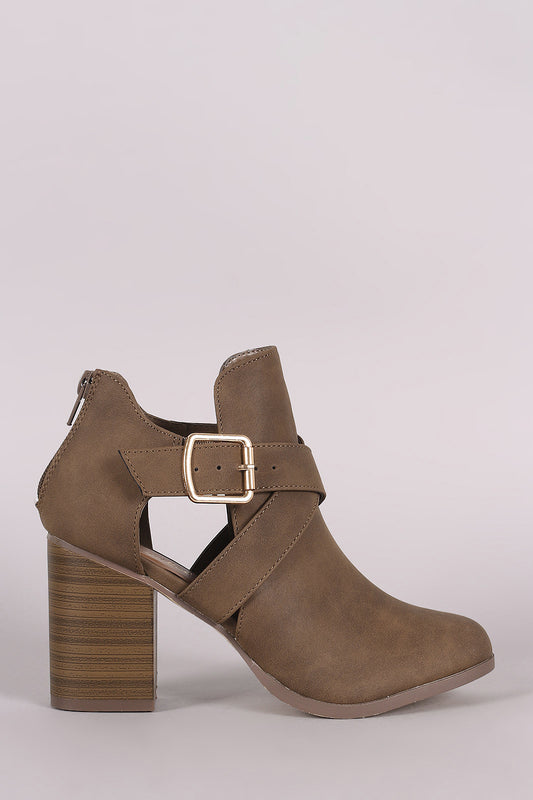 Crisscross Buckled Strap Cutout Chunky Heeled Ankle Boots