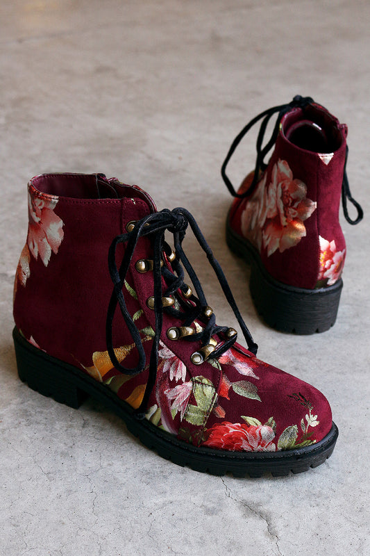 Shoe Republic LA Suede Floral Lace-Up Combat Ankle Boots