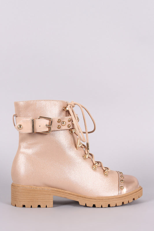 Shoe Republic LA Studded Buckled Lace-Up Combat Ankle Boots