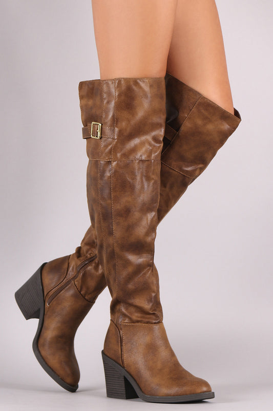 Qupid Distressed Buckled Western Over-The-Knee Boots