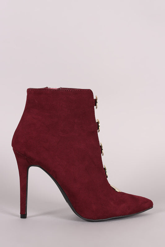 Qupid Suede Round Metal Disk Caged Stiletto Booties
