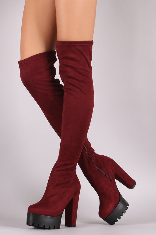 Suede Lug Sole Chunky Platform Heeled OTK Boots