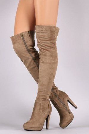 Suede Almond Toe Platform Heeled OTK Boots