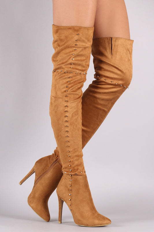 Suede Studded Pointy Toe Stiletto Over-The-Knee Boots