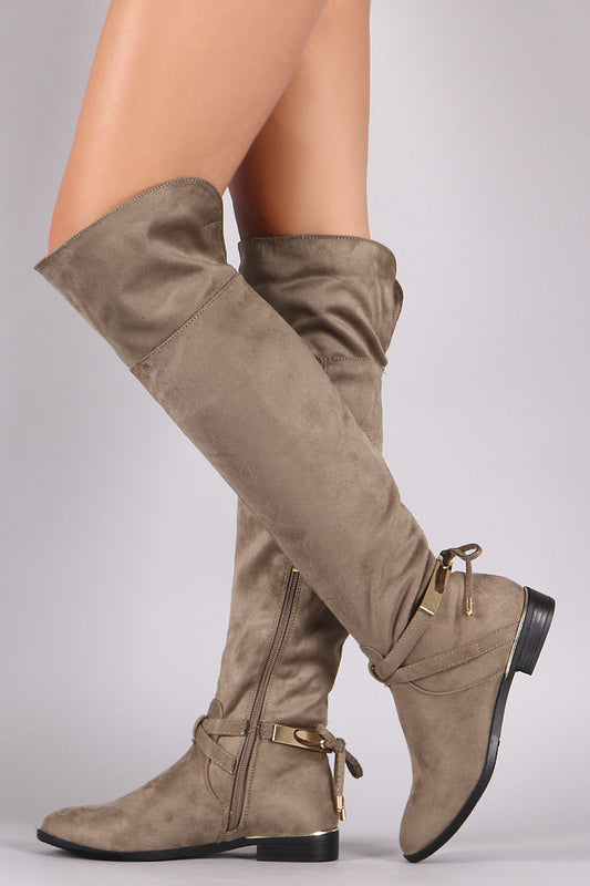 Suede Hardware Accent Ankle-Tie Riding Over-The-Knee Boots