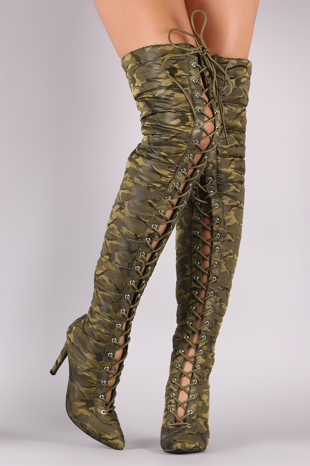 Camouflage Quilted Puffer Lace-Up Stiletto OTK Boots