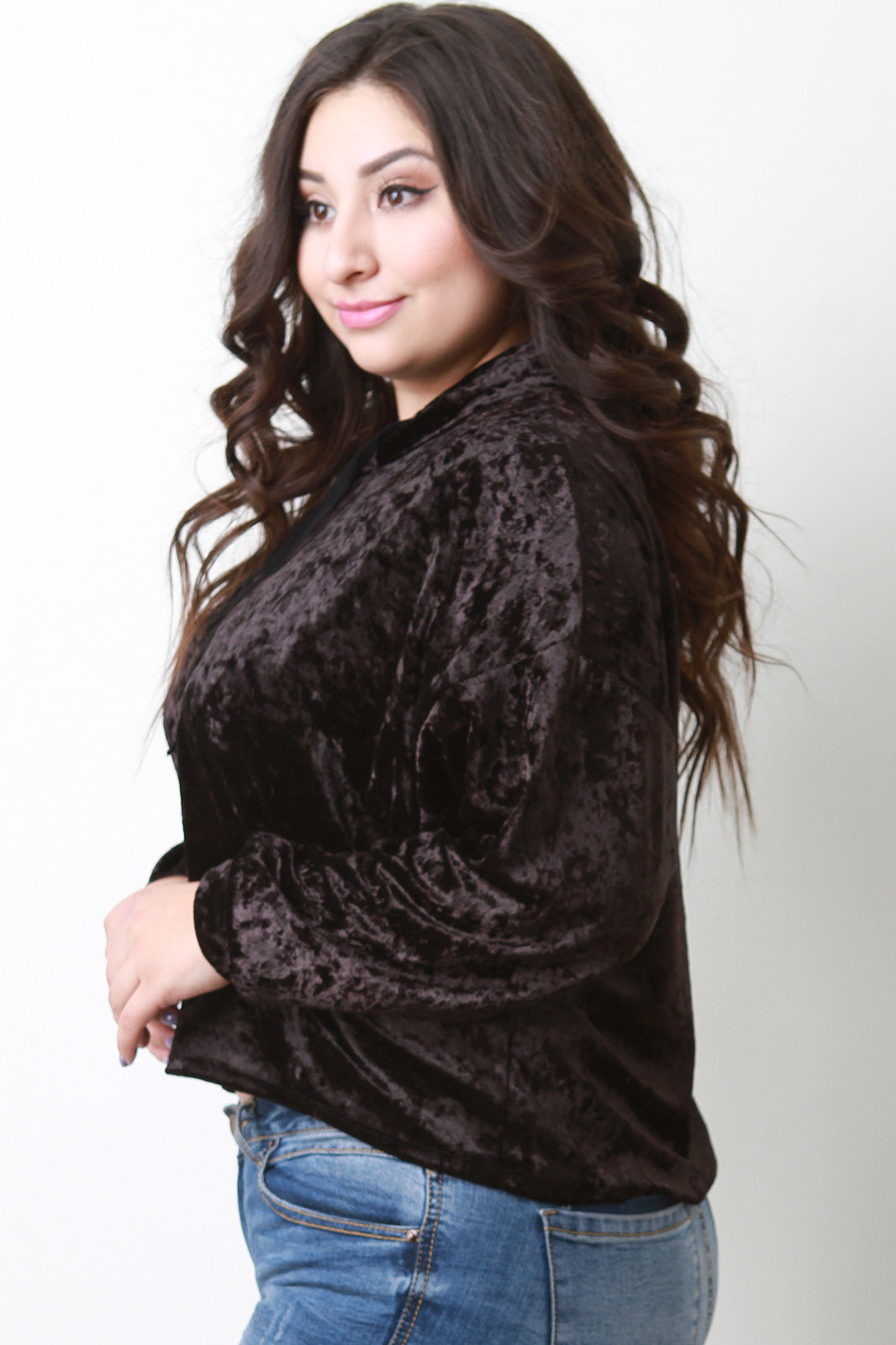 Crushed Velvet Drawstring Hoodie Top