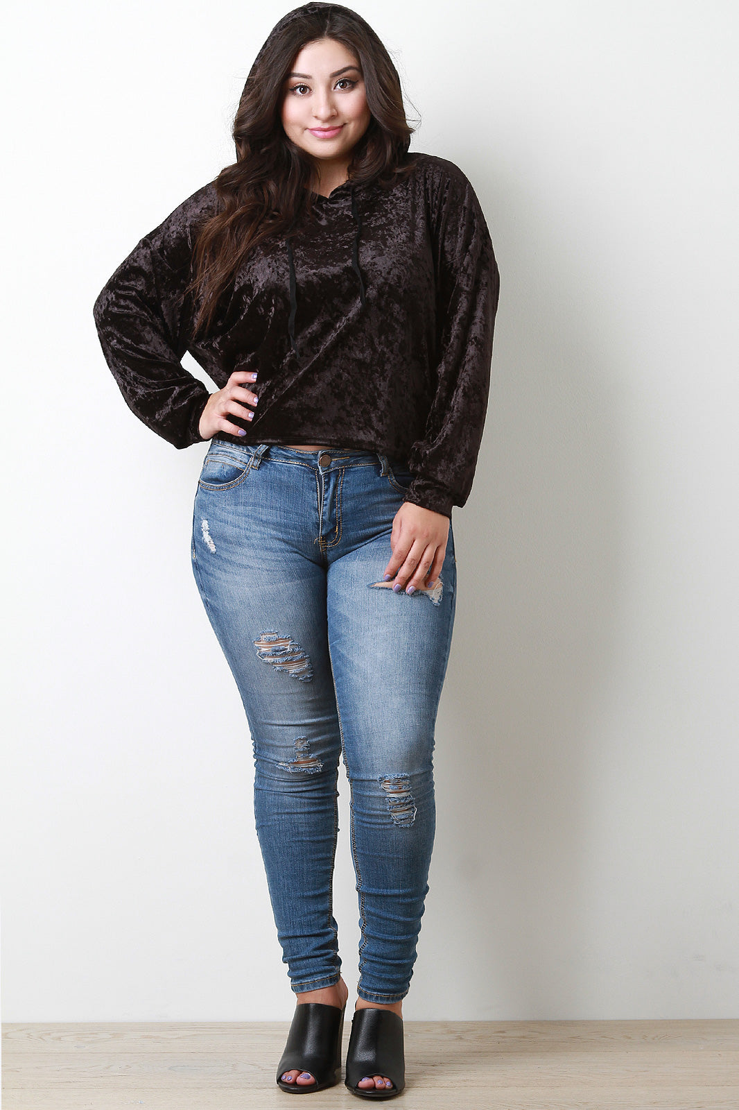 Crushed Velvet Drawstring Hoodie Top