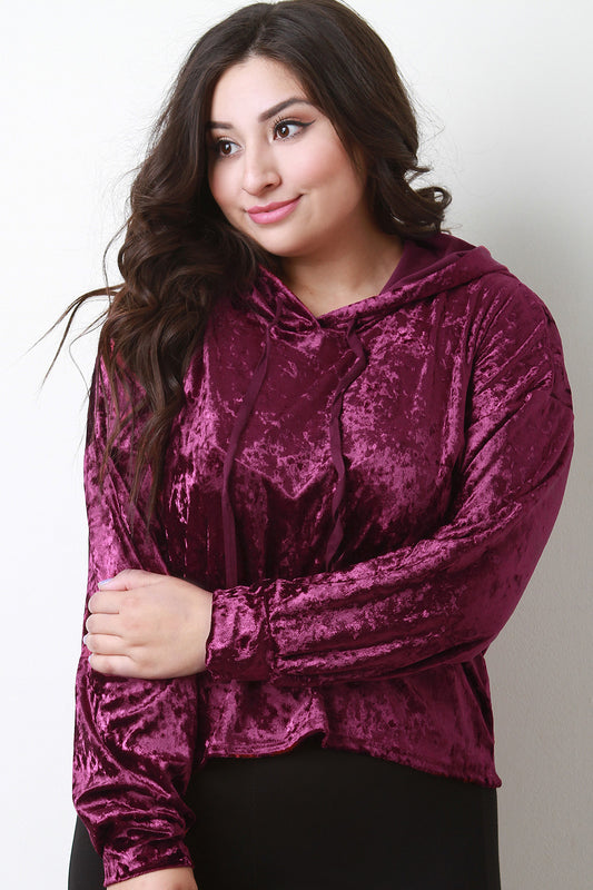 Crushed Velvet Drawstring Hoodie Top