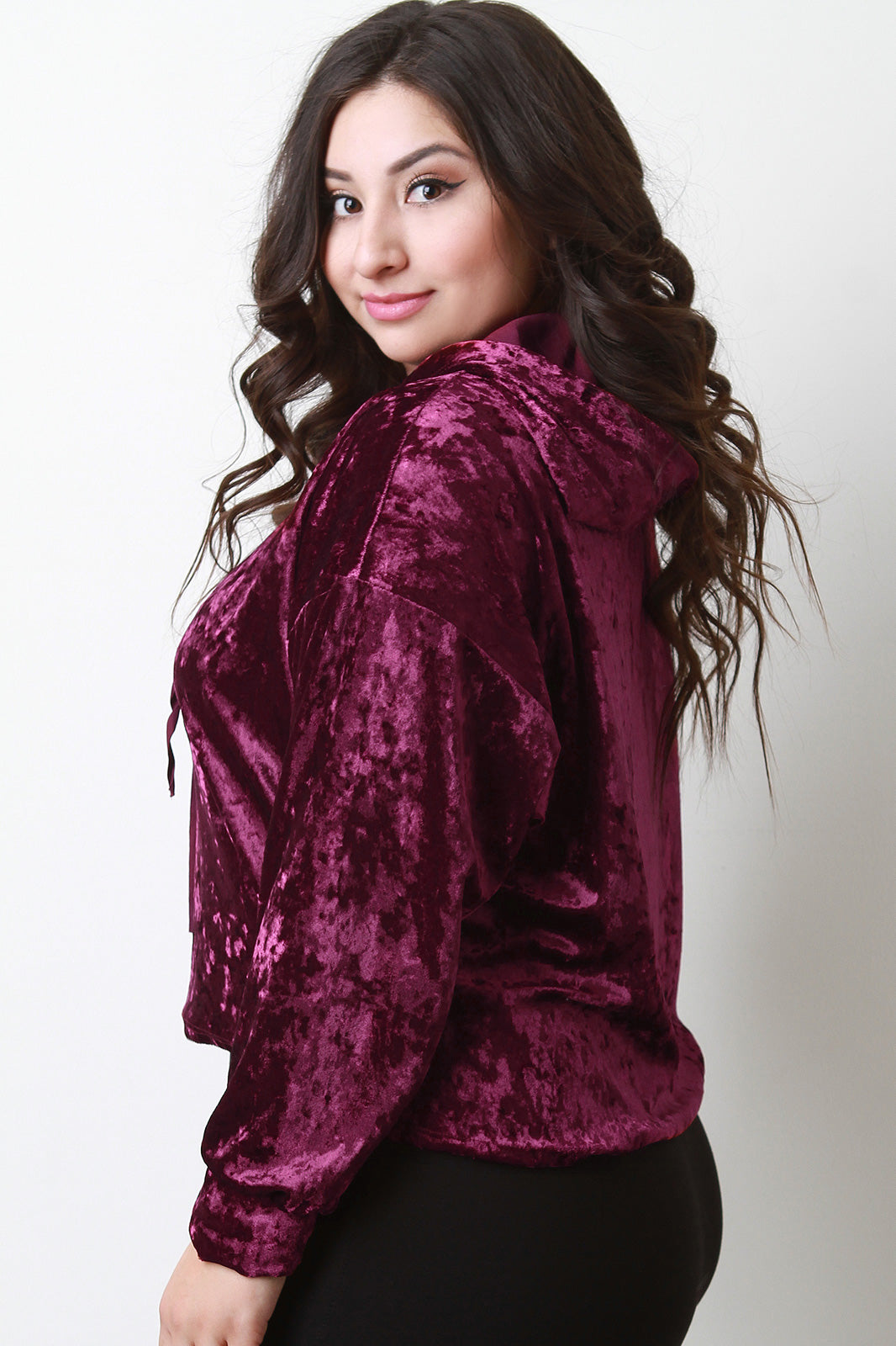 Crushed Velvet Drawstring Hoodie Top