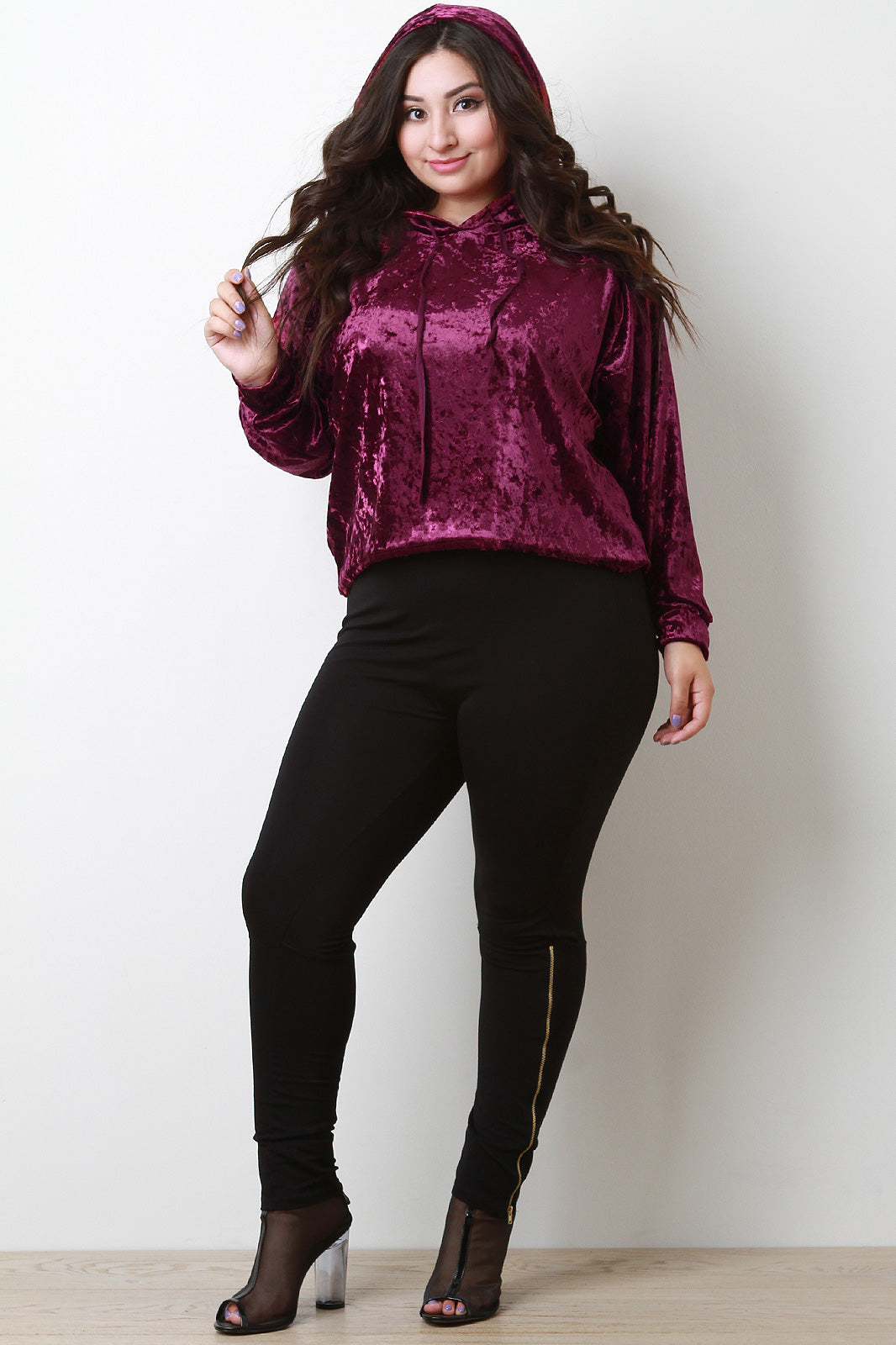 Crushed Velvet Drawstring Hoodie Top