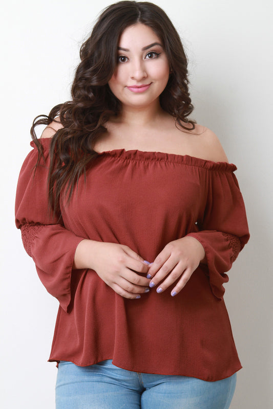Ruffled Off The Shoulder Smocked Long Sleeve Top