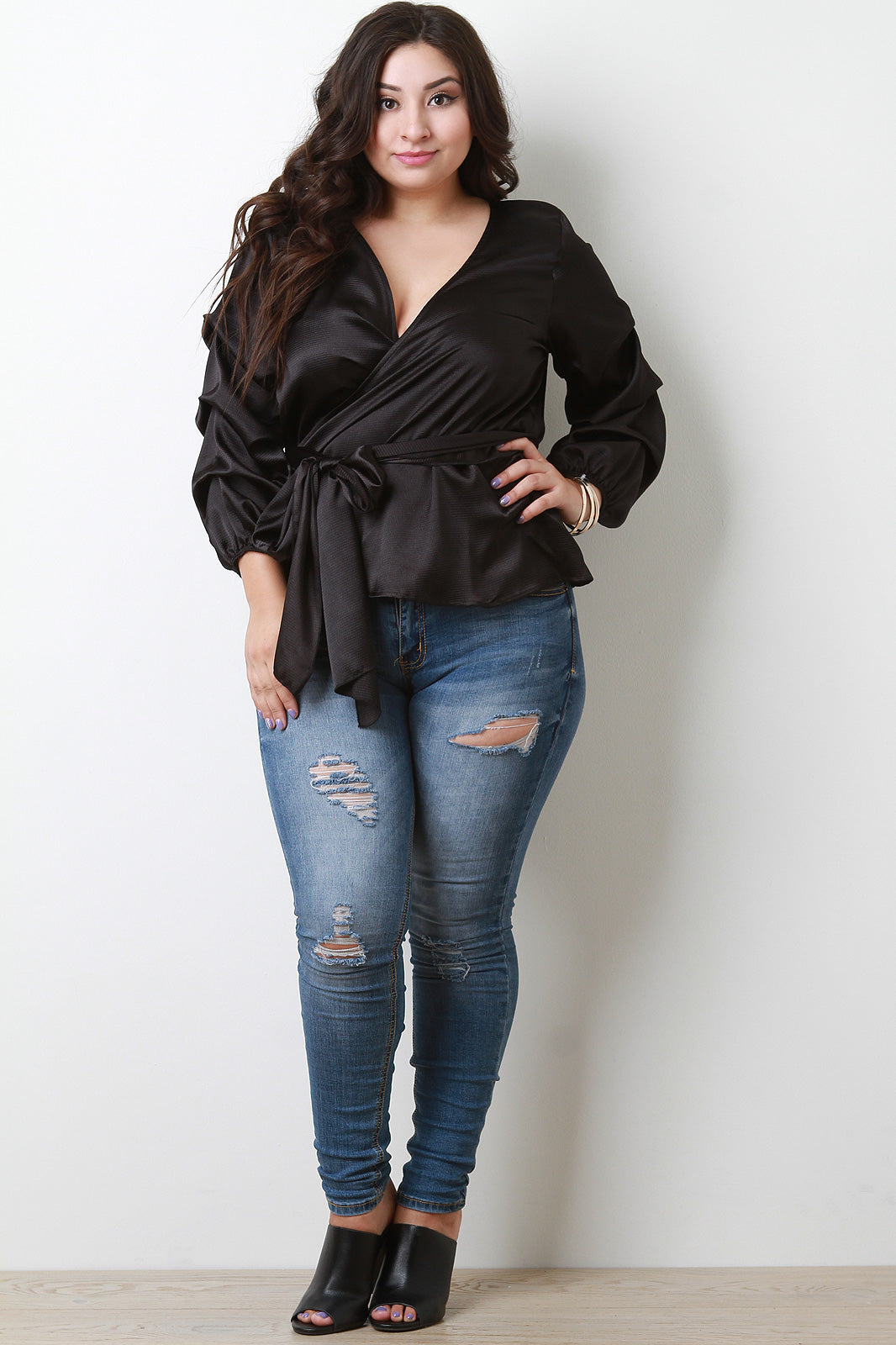 Satin Ruched Statement Sleeve Waist-Tie Top
