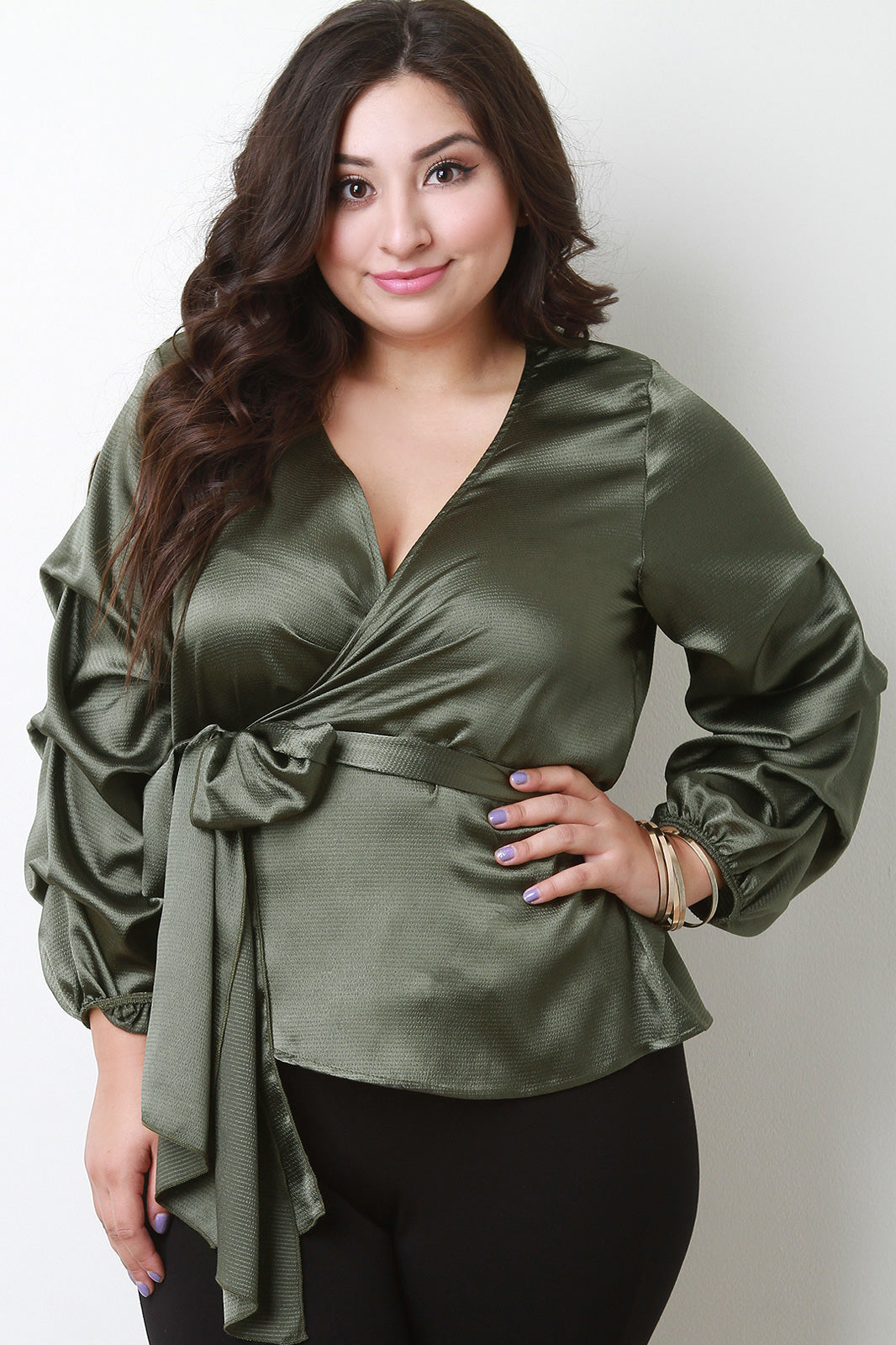 Satin Ruched Statement Sleeve Waist-Tie Top