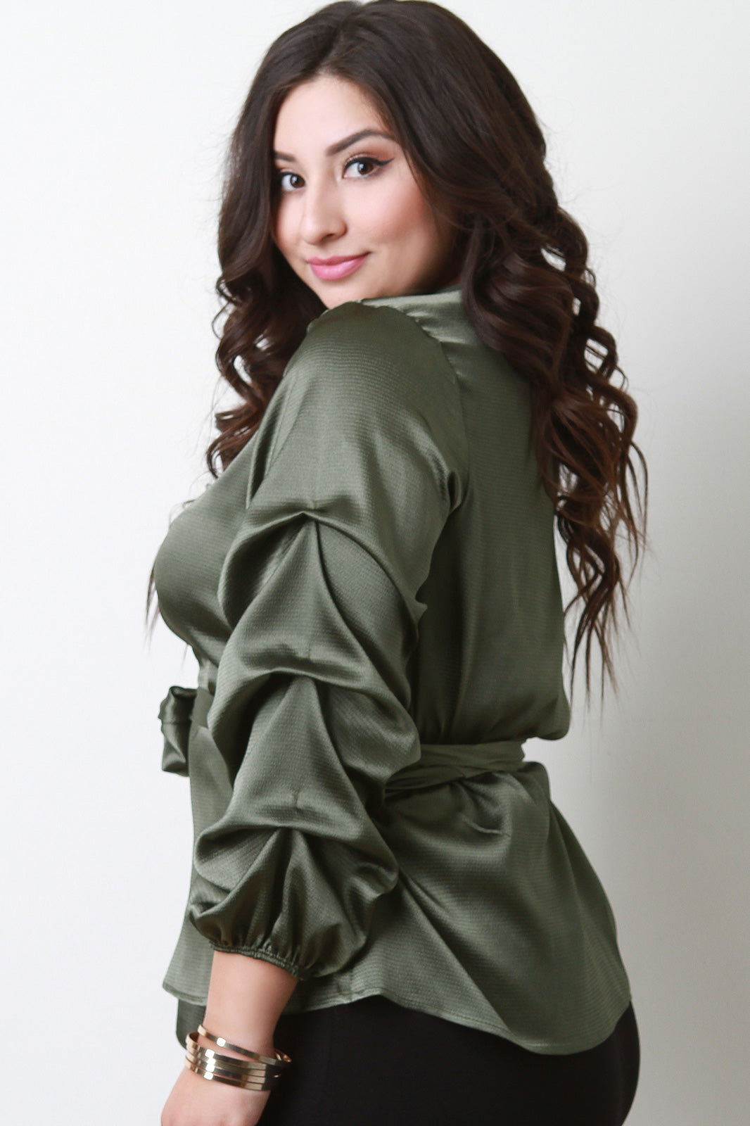 Satin Ruched Statement Sleeve Waist-Tie Top