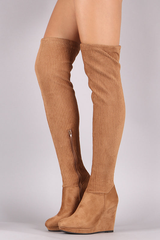 Bamboo Suede Stitchwork OTK Platform Wedge Boots