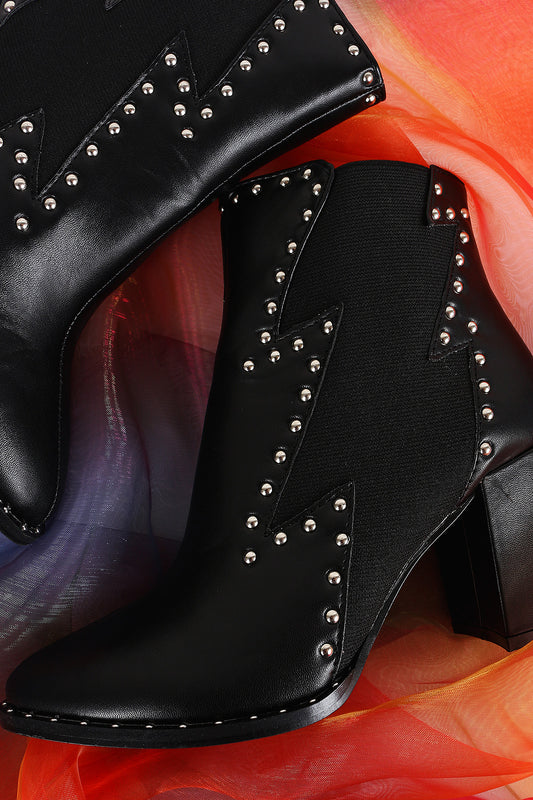 Studded Elastic Gore Block Heeled Ankle Boots