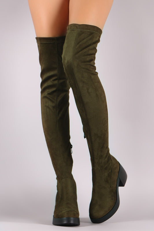 Stretch Suede Almond Toe Thigh High Boots