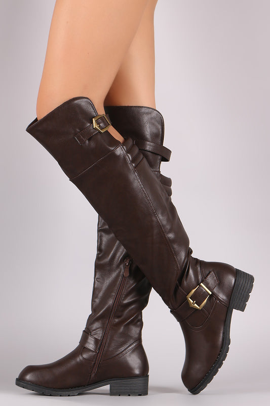 Quilted Buckled High-Low Over-The-Knee Riding Boots